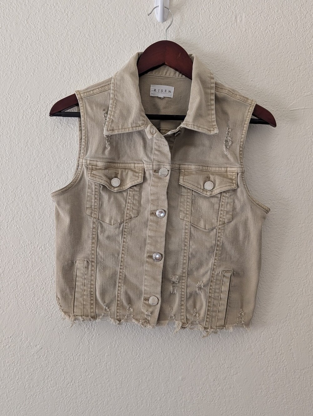 Risen Women’s Khaki Distressed Denim Crop Vest Size S